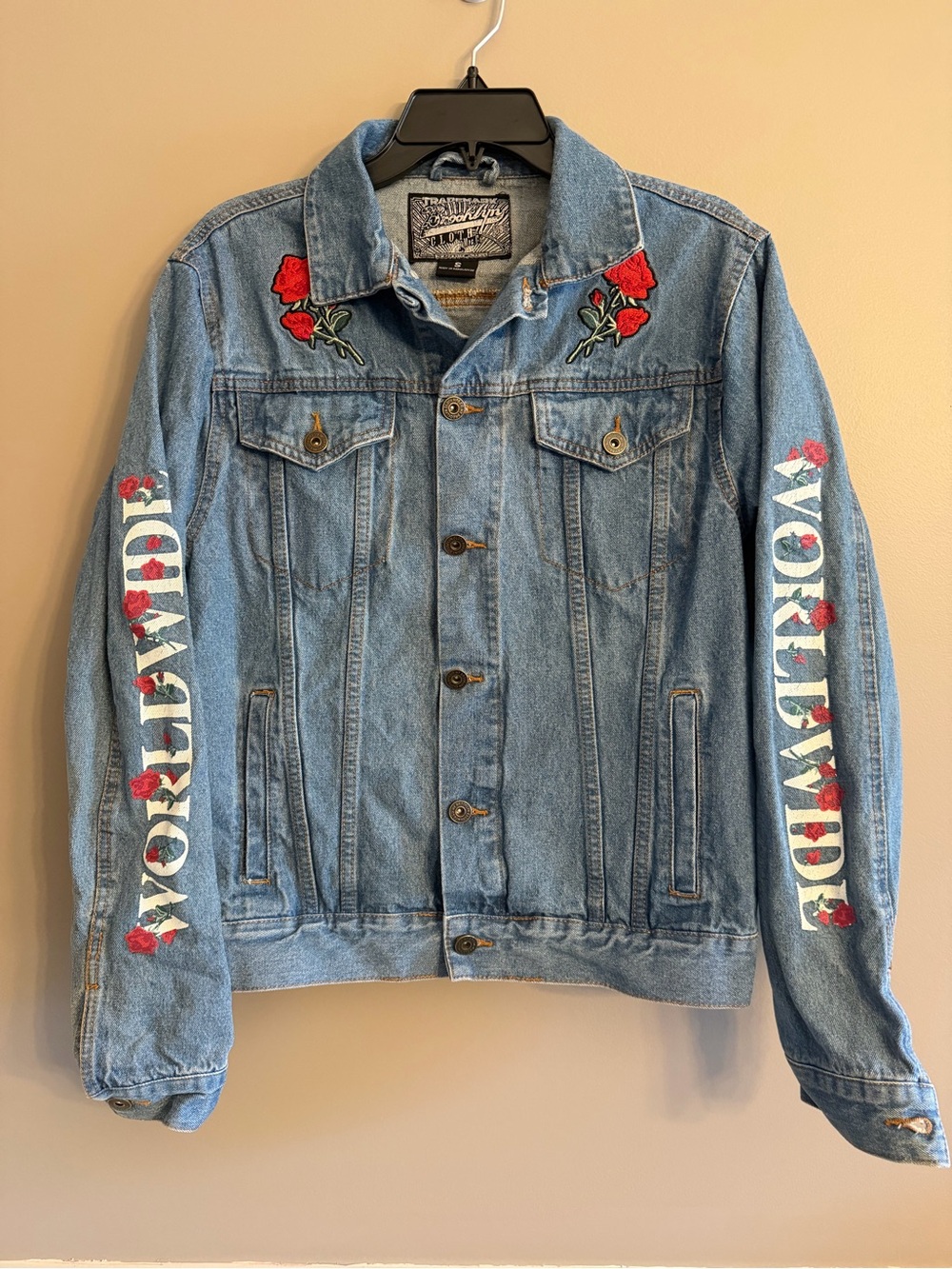 Brooklyn Cloth Embroidered Rose Denim Jacket Graphic Japanese Culture Sleeve S